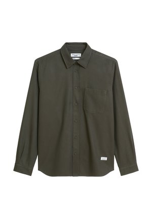 Camicia verde scuro con bottoni, maniche lunghe, taschino sul petto e orlo curvo. Realizzata in tessuto morbido, presenta un colletto classico.