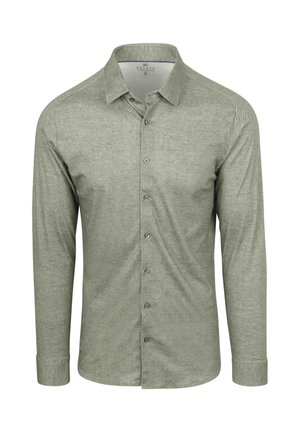 Grünes Langarmhemd mit button-down Kragen, Fischgrätenmuster und fünf braunen Knöpfen vorne. Weicher, strukturierten Stoff.