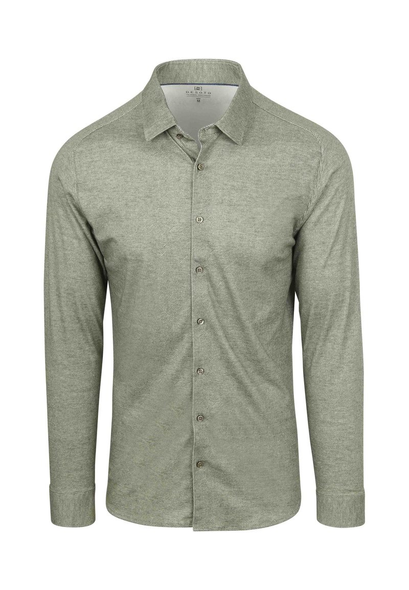 Groen overhemd met lange mouwen, met een button-down kraag, visgraatpatroon en vijf bruine knopen aan de voorkant. Zachte, gestructureerde stof.