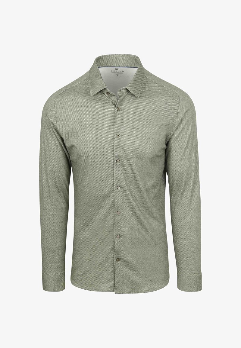 Groen overhemd met lange mouwen, met een button-down kraag, visgraatpatroon en vijf bruine knopen aan de voorkant. Zachte, gestructureerde stof.