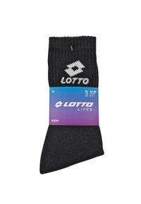 Calzini neri in cotone con texture a costine, caratterizzati da un logo Lotto bianco. Confezionati con un'etichetta colorata che indica taglia e dettagli del prodotto.