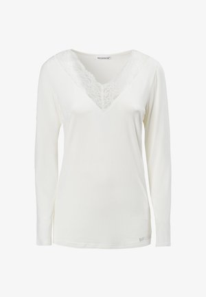 Witte lange mouw top met een V-halslijn en kantafwerking. Zachte stof met een gladde textuur; merklabel zichtbaar aan de onderzijde.