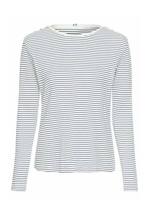 Long-sleeve top in white cotton with navy blue horizontal stripes. Features a round neckline and relaxed fit with a straight hem.
