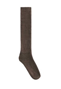 Brune ribbede sokker til knæhøjde lavet af blødt stof, med en glat tå og elastisk manchet for en sikker pasform.