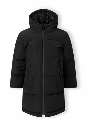 Manteau d'hiver noir matelassé avec capuche, fermeture éclair devant et poches latérales zippées, longueur mi-cuisse, conçu pour temps froid.