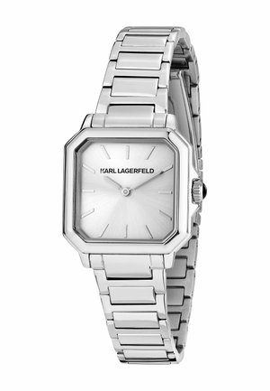 Silberne Karl Lagerfeld Armbanduhr mit quadratischem Zifferblatt, minimalistischem Ziffernblatt und Gliederarmband aus Metall.