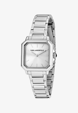 Silberne Karl Lagerfeld Armbanduhr mit quadratischem Zifferblatt, minimalistischem Ziffernblatt und Gliederarmband aus Metall.