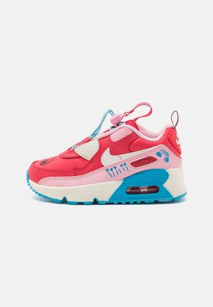 Czerwone i różowe trampki z siateczkowego i syntetycznego materiału. Posiadają białe logo swoosh, niebieskie akcenty, poduszkę powietrzną oraz dekoracyjne wzory.