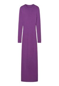 Abito lungo a maniche lunghe in tessuto a maglia viola solido. Presenta un colletto rotondo e una silhouette slanciata, senza decorazioni.