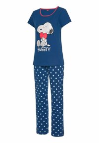 Dunkelblaues Schlafanzug Set mit einem kurzärmeligen Oberteil, das eine Snoopy-Grafik und den Schriftzug "SWEETY" zeigt, kombiniert mit gepunkteten Hosen.