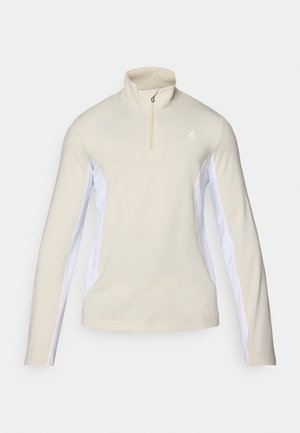 Pullover bege de mangas longas com um fecho de correr de um quarto, com painéis laterais brancos e um pequeno logótipo no peito. Tecido de textura suave.
