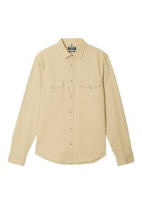 Camicia beige a maniche lunghe realizzata in tessuto leggero, con due tasche sul petto, chiusura frontale con bottoni e colletto a punta con una superficie liscia.
