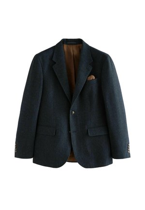 Dunkelblazer in strukturierter Tweed-Optik mit Reverskragen, zwei Fronttaschen und braunem Satinfutter, versehen mit silbernen Knopfakzenten.