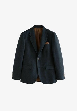 Dunkelblazer in strukturierter Tweed-Optik mit Reverskragen, zwei Fronttaschen und braunem Satinfutter, versehen mit silbernen Knopfakzenten.