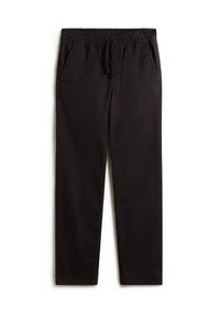 Zwarte elasten taillebroek met een trekkoord, voorzien van twee zijzakken, een rechte pijpdesign en een gladde, duurzame stoftextuur.