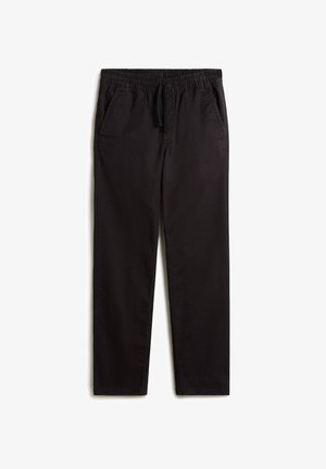Black elastic-waist pants with a drawstring, featuring two side pockets, a straight leg design, and a smooth, durable fabric texture.
