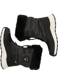 Schwarze Schneestiefel mit einem Obermaterial aus Leopardenmuster, einem Kragen aus Kunstfell und schwarzen Gummisohlen. Sie verfügen über verstellbare Schnürsenkel und ein Logo.