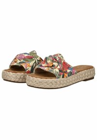 Broderede blomster slip-on sandaler med en vævet jute sål, der har en knyttet stofoverdel i multikolorede tropiske mønstre.