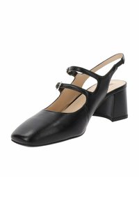 Zapato de piel sintética negro con punta cuadrada, dos correas ajustables y un tacón grueso. Textura lisa con detalles mínimos.