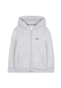 Sivi dukserica na zip s kapuljačom napravljena od mješavine pamuka. Ima kapuljaču, dva bočna džepa i mali izvezeni logo na prsima.