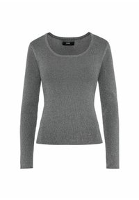 Szary sweter prążkowany z długimi rękawami, okrągłym dekoltem i dopasowanym krojem. Posiada subtelną poświatę i małe logo na dolnym brzegu.