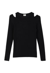 Schwarzes, geripptes Longsleeve-Oberteil mit asymmetrischem Ausschnitt an der Schulter und rundem Ausschnitt von der Marke s.Oliver.