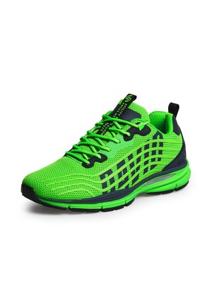 Bright green mesh athletic shoe with black accents, green laces, and patterned side design, angled to show outer side and sole details.