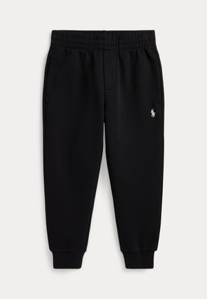 Pantaloni jogger in pile nero con vita elasticizzata e polsini alle caviglie, tasche laterali e piccolo logo ricamato bianco di un giocatore di polo sulla coscia destra.