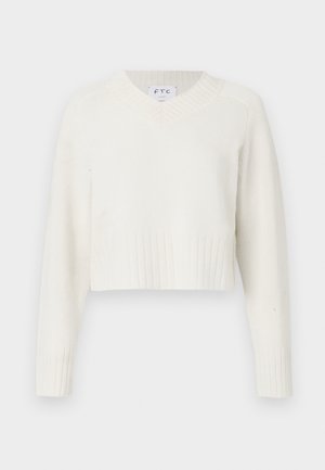 Maglione croppato a v con maniche lunghe, texture a coste sull'orlo e sui polsi, realizzato in materiale morbido, design minimalista senza motivi.