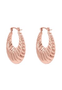 Orecchini a cerchio in oro rosa con una texture intrecciata, caratterizzati da una finitura lucida e chiusura a cardine per una chiusura sicura.