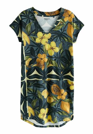 Rövid ujjú ruha sötétzöld leveles alapon sárga-narancssárga trópusi virág- és gyümölcsmintával, V-nyakú gallérral.