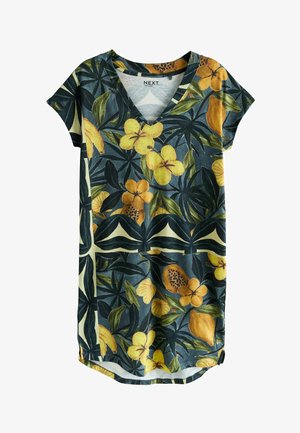 Kortärmad klänning med mörkgrönt bladmönster och tryck av gula-orange tropiska blommor och frukter, V-ringad krage.