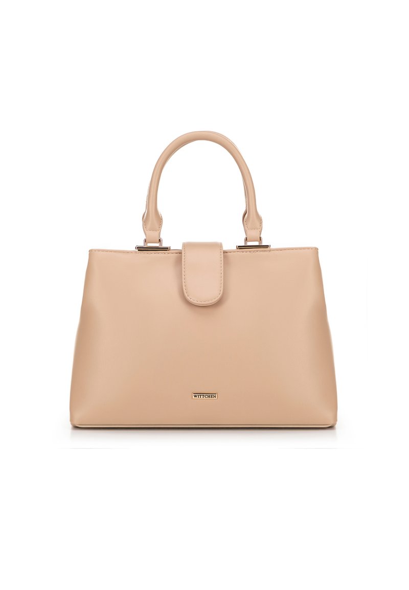 Sac à main beige en matériau synthétique lisse, avec une forme structurée, des poignées doubles arrondies et une fermeture à fermoir. Détail du logo en or.