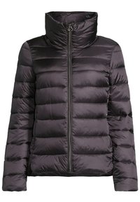 Doudoune noire avec un col haut, fermeture éclair et design matelassé. Fabriquée en matériau brillant et lisse, avec une silhouette moderne et épurée.