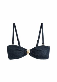 Modrý bandeau bikini top s textúrovaným leskom, s uzlovým dizajnom vpredu a zlatými akcentmi v centre.