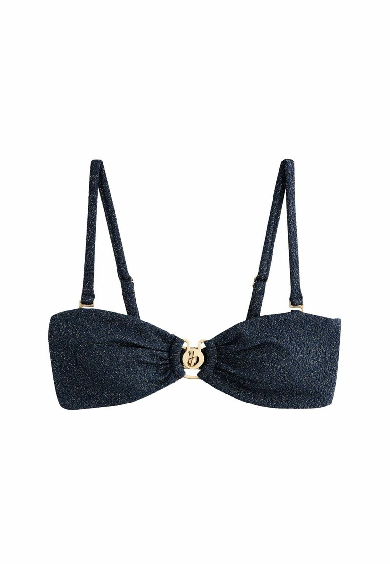 Modrý bandeau bikini top s textúrovaným leskom, s uzlovým dizajnom vpredu a zlatými akcentmi v centre.