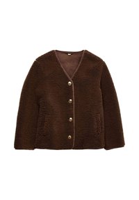 Giacca in pile marrone con scollo a V, cinque chiusure con bottoni dorati e due tasche frontali; materiale testurizzato e bordature in contrasto lungo i bordi.