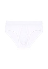 Slip in cotone bianco con un ampio elastico in vita, design classico e superficie liscia. Caratterizzati da dettagli cuciti sul davanti.