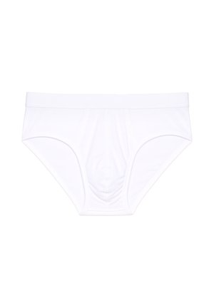 Białe bawełniane majtki o szerokim elastycznym pasku, klasyczny design i gładka tekstura. Posiadają przeszywane detale z przodu.
