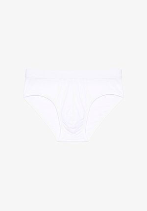 Białe bawełniane majtki o szerokim elastycznym pasku, klasyczny design i gładka tekstura. Posiadają przeszywane detale z przodu.