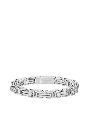 Silbernes Armband aus Edelstahl mit ineinandergreifenden rechteckigen Gliedern, glatter, polierter Oberfläche und einem Verschluss.