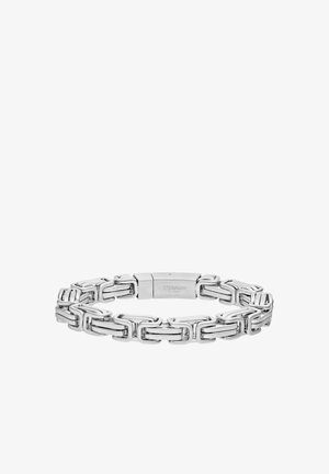 Silbernes Armband aus Edelstahl mit ineinandergreifenden rechteckigen Gliedern, glatter, polierter Oberfläche und einem Verschluss.