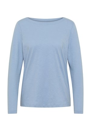Chemise à manches longues bleu clair avec un large col et une coupe décontractée. Le tissu a une texture douce avec un subtil motif chiné.