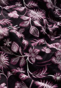 Czarna tkanina z kwiatowymi wzorami w odcieniach różu i bieli, z liśćmi i skomplikowanymi detalami, tworzącymi teksturowany wygląd.