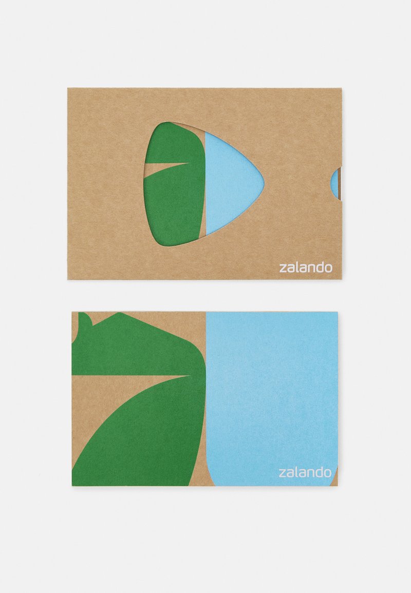Cartolina promozionale in cartone con design ritagliati verdi e blu su uno sfondo marrone, con "zalando" stampato in bianco.