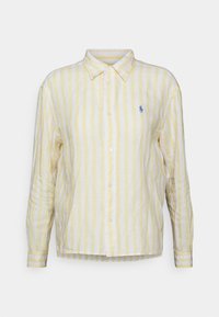 Yellow and white striped shirt with long sleeves, button-up front, and a small logo on the left chest. Fabric appears lightweight and textured.