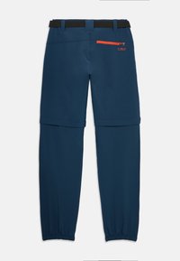 Σκούρο μπλε παντελόνι με μαύρη ελαστική μέση και φερμουάρ πορτοκαλί τσέπη. Περιλαμβάνει σχέδιο για μετατρέψιμα μήκη με ρυθμιζόμενες μανσέτες.