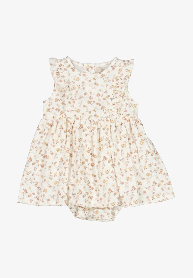 Robe bébé blanche sans manches avec épaules à volants et petit imprimé floral orange et jaune, avec des culottes intégrées en dessous.