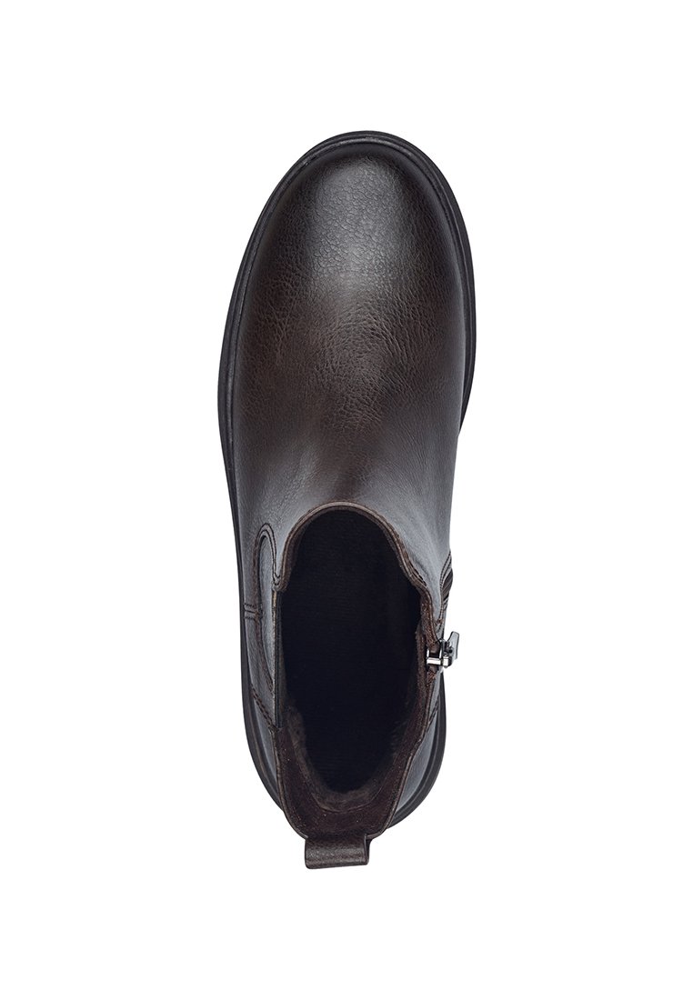 Stivali alla caviglia in pelle marrone con una superficie liscia, pannelli laterali elastici e chiusura con cerniera. Silhouette strutturata con punta arrotondata.