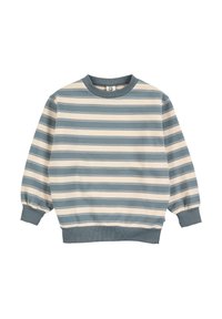 Mikina s dlouhým rukávem a kulatým výstřihem, se širokými vodorovnými krémovými a šedoblatnými pruhy, s žebrovanými manžetami a pasem.